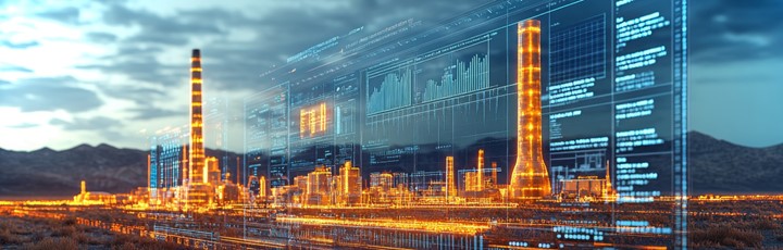 Das Bild zeigt eine futuristische Industrieanlage mit leuchtenden orangefarbenen Strukturen, überlagert von einer transparenten digitalen Ebene mit blauen Daten, Diagrammen und Netzwerken. Im Hintergrund erstreckt sich eine hügelige Landschaft unter einem klaren Himmel.