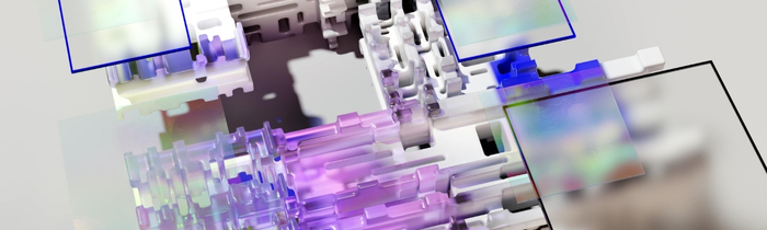 3D-Rendering: Abstrakte weiße Formen und Blöcke, die miteinander verbunden und teilweise blau, gelb und rosa eingefärbt sind.