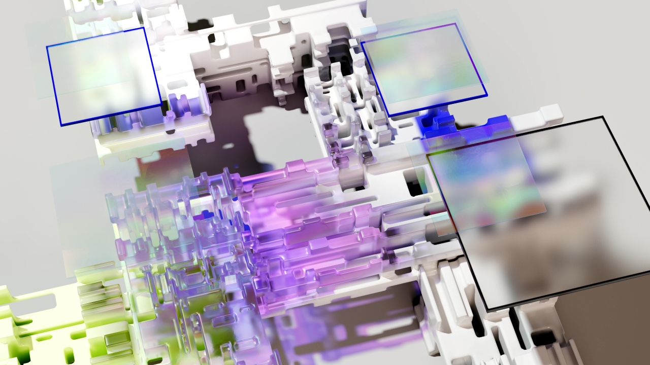 3D-Rendering: Abstrakte weiße Formen und Blöcke, die miteinander verbunden und teilweise blau, gelb und rosa eingefärbt sind.