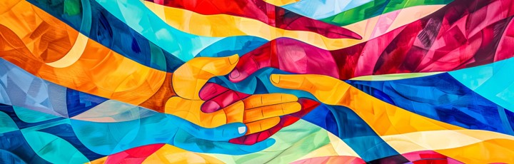 Gemalte Hände und Unterarme in unterschiedlichsten bunten Farben greifen ineinander.