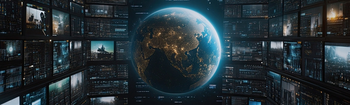 Blick auf die schwebende Weltkugel vor raumfüllenden digitalen Bildschirmen, auf denen Bilder und Informationen zu sehen sind, die an Nachrichten erinnern.
