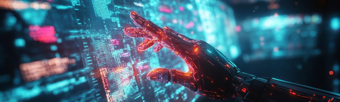 Man sieht eine Roboter-Hand, die auf einem großen Bildschirm mit Computer-Codes tippt. Auf dem Bild sind verschiedenen Blau- und Rottöne die dominanten Farben.