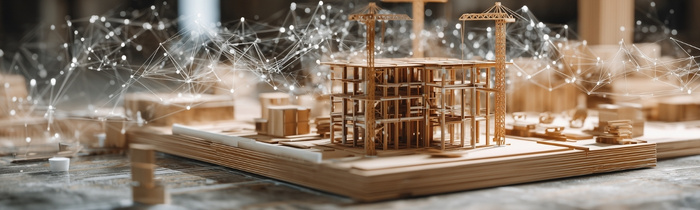 Blick auf eine Miniaturbaustelle aus Holz, bei der Kräne neben einem noch unfertigen Gebäude stehen. Im Hintergrund sieht man ein Netz aus verbundenen Lichtpunkten.