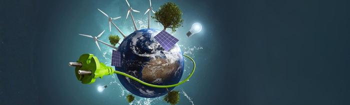 Blick auf eine schwebende Erde vor Dunkelblauem Hintergrund. Größer dargestellt und auf dem Planeten verteilt sind Windräder, Solaranlagen, Bäume, Wassertropfen und ein großes Stromkabel.