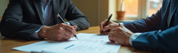 Detailblick auf einen Tisch, an dem sich zwei Personen gegenüber sitzen und auf Dokumenten schreiben.