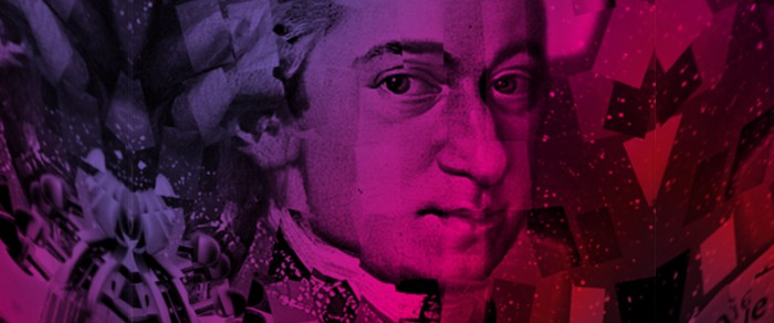 Man sieht das Portrait von Wolfgang Amadeus Mozart, welches mit verschiedenen Mosaikelementen in den Farben Lila, Pink und Rot künstlerisch angepasst wurde.