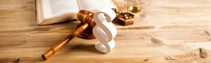 weißes Paragraphsymbol mittig auf einem Tisch neben einem Richter Gavel