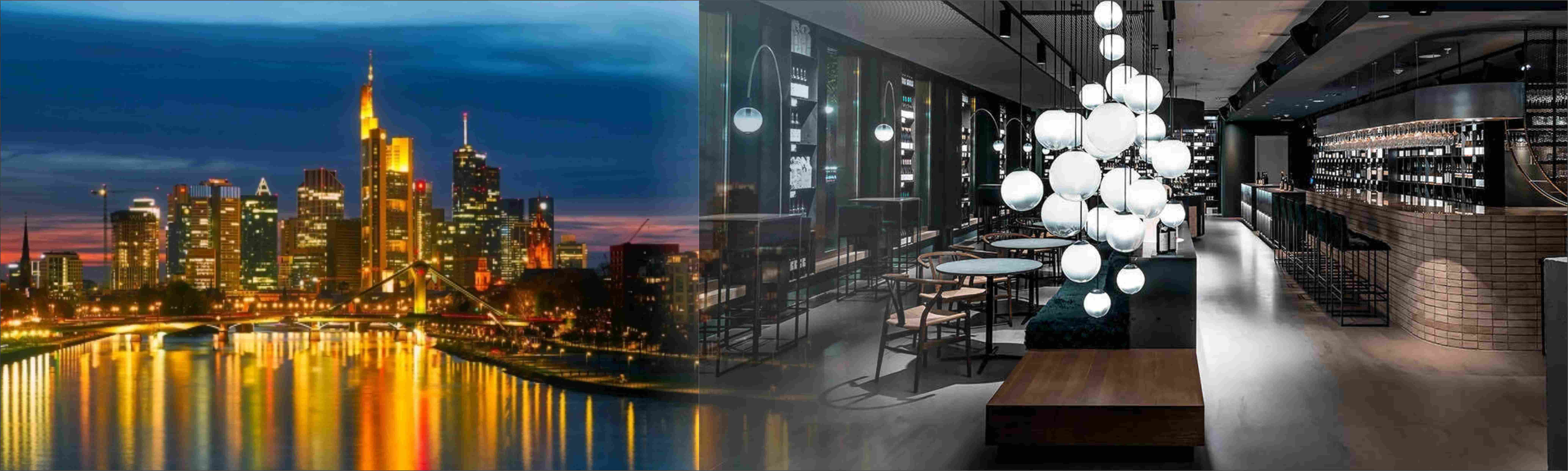 Linke seite des Bildes mit Blick auf Frankfurter Skyline im Dunekln, Rechts im Bild Gregors Weinbar von innen