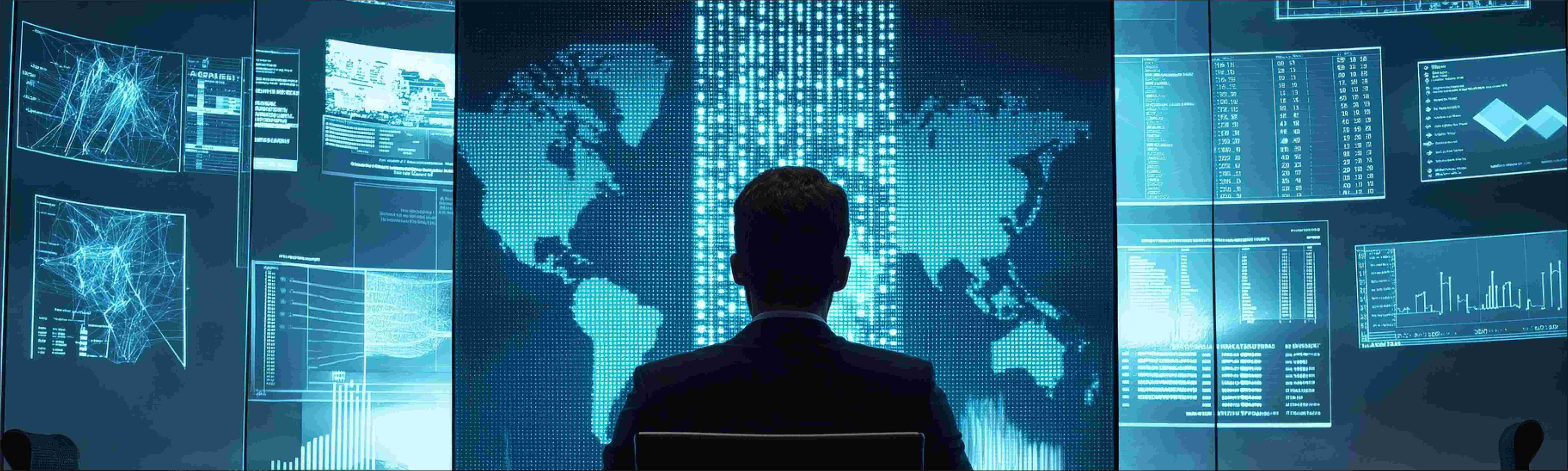 Zentral im Bild sieht man eine Person mit dem Rücken zu gekehrt. Diese Person sitzt vor einer digitalen Blauen Weltkarte mit Fakten auf beiden Seiten