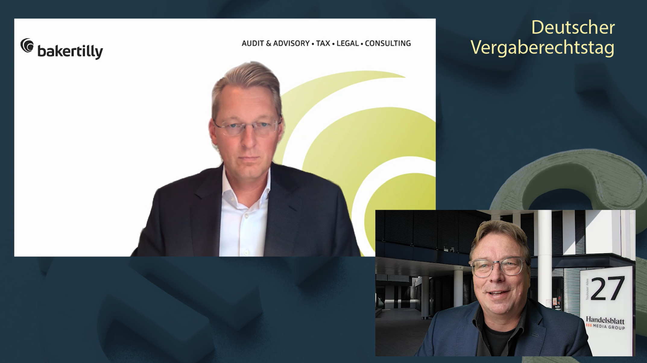 Bild in Bild: Vor dunkelblauem Hintergrund sind Porträtfotos von Dr. Christian Teuber und Markus Plettendorf zu sehen. Sie sind per Videokonferenz miteinanden verbunden.