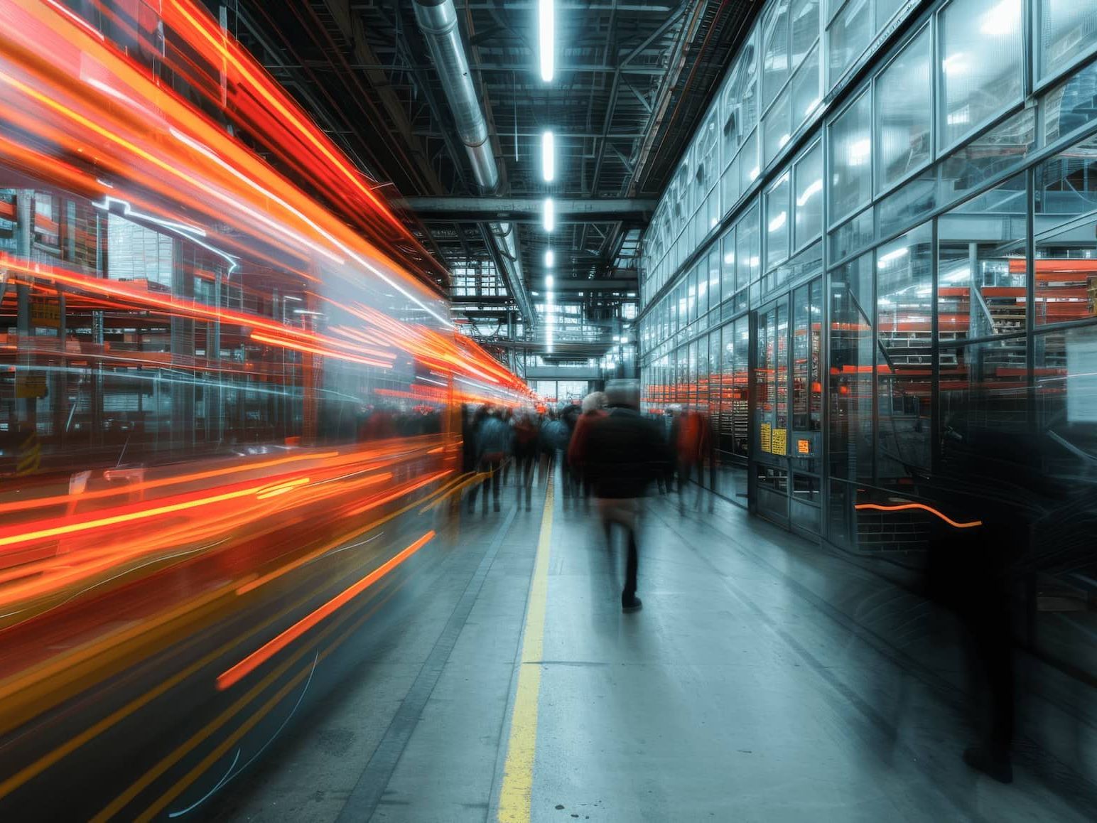 Blurry train station with moving train and people