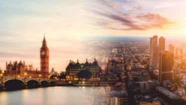 View of the London skyline merging into the Frankfurt am Main skyline.