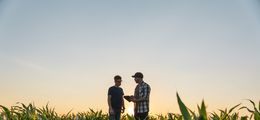 Zwei Männer stehen auf einem Feld und unterhalten sich. Einer von ihnen hält einen Tablet-Computer.