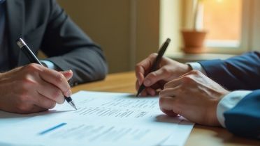 Detailblick auf einen Tisch, an dem sich zwei Personen gegenüber sitzen und auf Dokumenten schreiben.