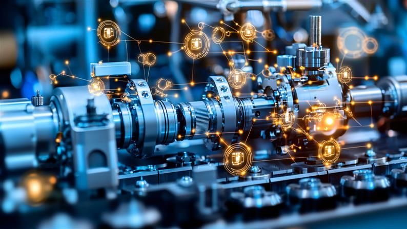 Bild: Eine industrielle Maschinenkomponente mit digital vernetzten Symbolen