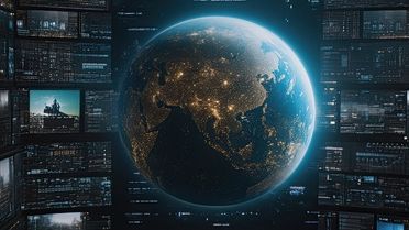 Blick auf die schwebende Weltkugel vor raumfüllenden digitalen Bildschirmen, auf denen Bilder und Informationen zu sehen sind, die an Nachrichten erinnern.