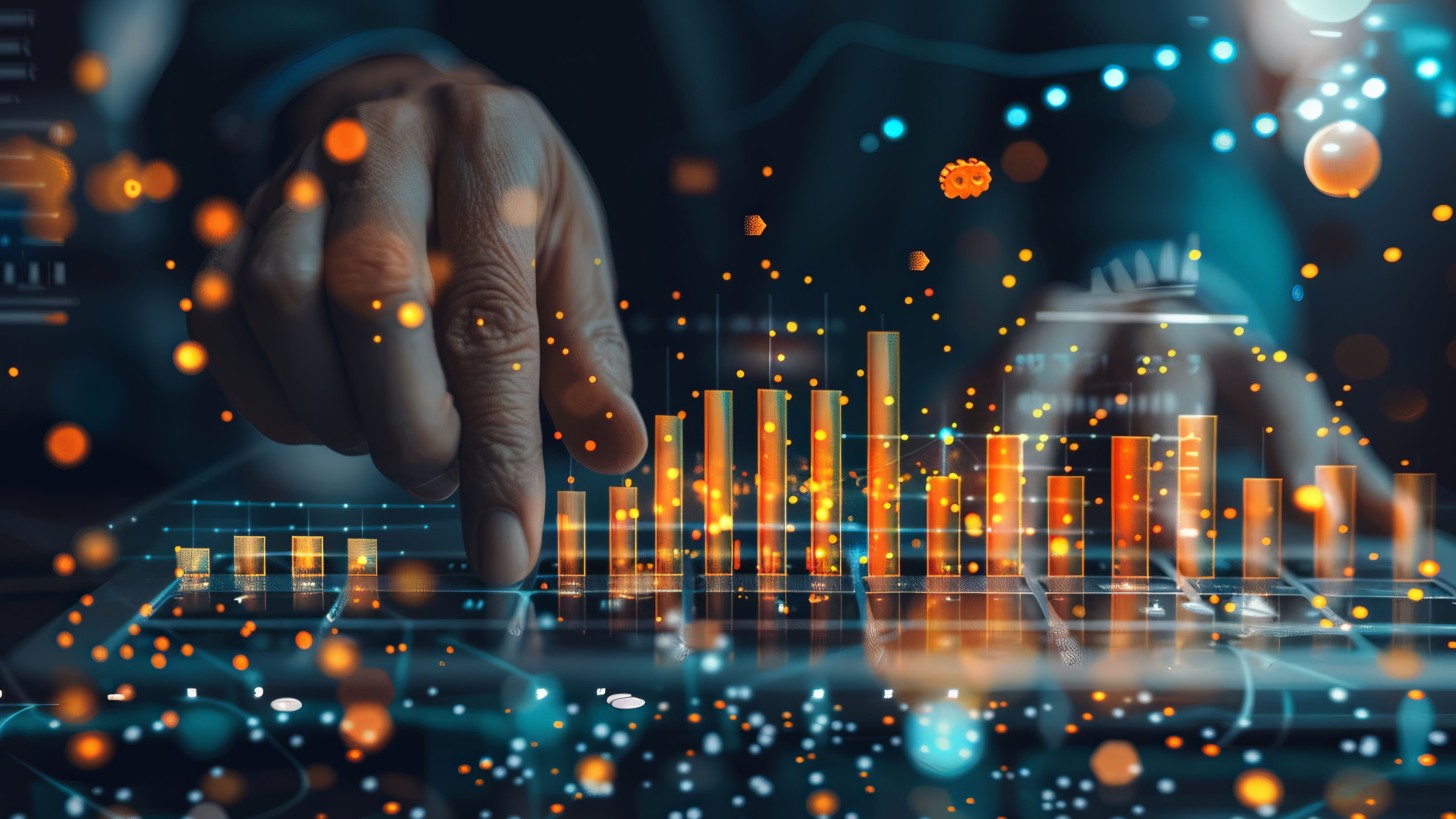 Presentation of data analyses with illuminated bar charts and a hand that works interactively on a digital touch screen.