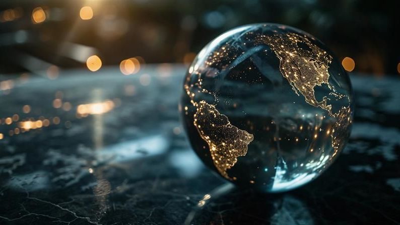  Image: a transparent glass sphere with an illuminated world map lying on a reflective surface