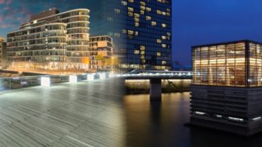 Geteiltes Bild mit Blick auf das lido auf der rechten seite und dem Medienhafen Düsseldorf auf der Linken seite