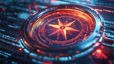 Orangener Digitaler Kompass, mit KI Hintergrund in hellem Blau 