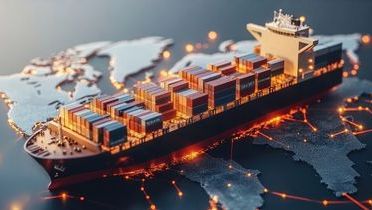 Blick auf eine in Blau-, Grau- und Orangetönen gestaltete Weltkarte im europäischen Bereich, auf der ein überdimensionales Frachtschiff fährt. Darum herum befinden sich leuchtende Punkte und Verbindungen in Orange.