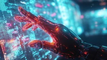 Man sieht eine Roboter-Hand, die auf einem großen Bildschirm mit Computer-Codes tippt. Auf dem Bild sind verschiedenen Blau- und Rottöne die dominanten Farben.